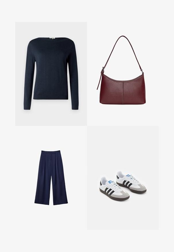 Tamno plava dugosleeve majica s okruglim izrezom, s rebrastim manžetama i donjim rubom, prikazana na običnoj bijeloj pozadini.; Tamnoplave široke hlače s plitkim naborima, s gumbom u struku i petljama za remen, prikazane ravno na bijeloj pozadini.; Sportske cipele s gornjištem od bijele kože, sivi suedinasti nos i tri crne pruge. Imaju plavi logo na jeziku i teksturiranu gumenu podlogu.; Bordo kožna torba s zakrivljenim oblikom, jednim remenom za rame i šivenim detaljima na sredini. Glatka tekstura, minimalni dodaci.