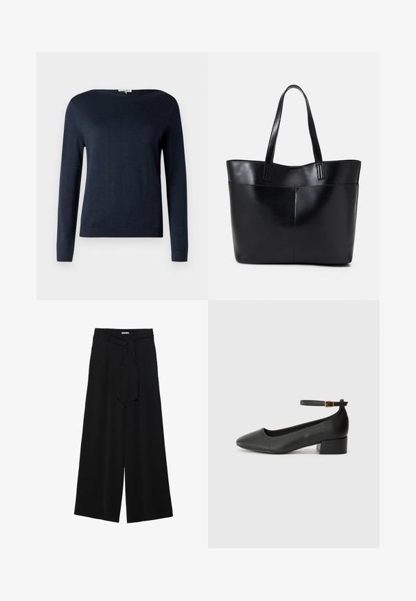 Navy blue long-sleeve crew neck sweater with ribbed cuffs and hem, displayed against a plain white background.; Black wide-leg pants featuring a textured fabric, an elastic waistband, and a detachable sash tie at the waist for adjustable fit.; Black leather pump with a pointed toe and a low block heel. Features an ankle strap with a gold-tone buckle. Smooth texture.; Black leather tote bag with two long handles, a smooth texture, and a structured shape. Features a front pocket for additional storage.