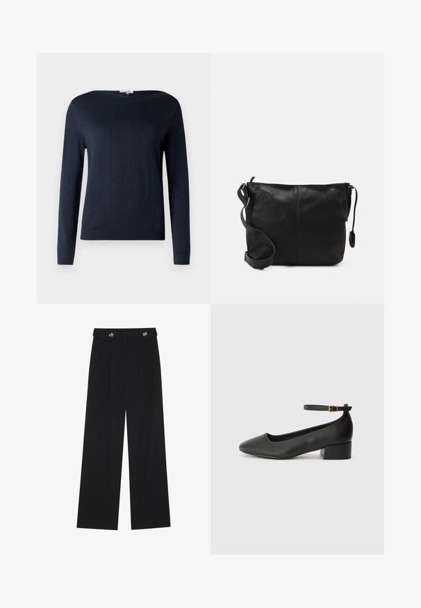 Tamno plava dugosleeve majica s okruglim izrezom, s rebrastim manžetama i donjim rubom, prikazana na običnoj bijeloj pozadini.; Crne hlače širokih nogavica s visokim strukom, s dugmadi na pojasu i prednjim nabora.; Crne kožne pumpe s oštrim vrhom i niskom blok petom. Sadrže remen oko gležnja s zlatnim kopčanjem. Glatka tekstura.; Crna kožna torbica preko tijela s ravnim oblikom, zlatnim detaljima i podešivim remenom. Glatka tekstura s minimalnim detaljima šivanja.