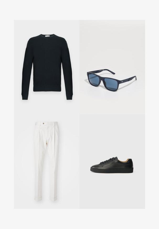 Strikket svart genser med rund hals, lange ermer og teksturert mønster. Har ribbestrikket nederkant og mansjetter.; Hvite, skreddersydde bukser med flat front, to legg, og oppbrett. Laget av et glatt stoff med knappelukking i livet.; Svart lavt skinnsneaker med teksturert overflate, svarte lisser og tykk gummisåle, vist fra siden på en lys bakgrunn.; Blå rektangulære solbriller med mørke linser, matt marineblå ramme, logo-detajler på stengene, rette armer og en solid, glatt tekstur.
