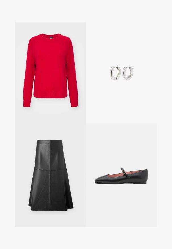 BOSS FEBISAN - Strickpullover - bright red; Schwarzer Leder-A-Linie-Rock, glatte Textur, midi-länge, mit horizontalen Nähten am Bund und den Nähten für zusätzliche Struktur.; Schwarze Lederflats mit spitzem Zehenbereich und Knöchelriemen mit goldener Schnalle. Glatte Textur mit leicht glänzender Oberfläche.; Silberne Creolen mit einem polierten Finish, die ein kreisförmiges Design und nahtlose Scharniere aufweisen und eine glatte Textur präsentieren.