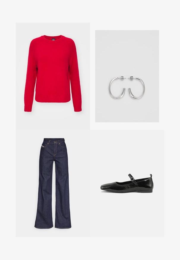 BOSS FEBISAN - Džemperis - bright red; Tamsiai mėlynos plačios kojų džinsinės kelnės iš denimo audinio su aukštu liemeniu, su oranžinėmis siūlėmis, penkių kišenių dizainu ir sagčių užsegimu.; Juodas lakinės odos butas su smailiu nosiu, kulkšnies dirželiu su sagtimi ir lygia, blizgia tekstūra. Žemas kulnas dėl patogumo.; Sidabrinės auskarai žiedai su lygiu, blizgiu paviršiumi. Suapvalinta forma, lengvas dizainas, su uždarymu ant smeigtuko.