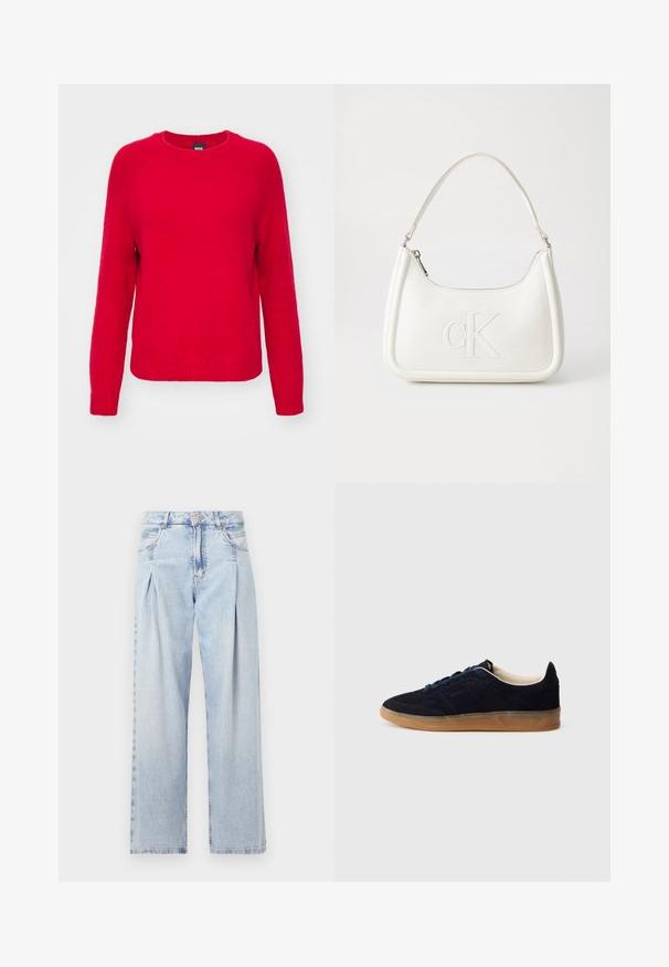 BOSS FEBISAN - Pullover - bright red; Jeans en denim bleu clair avec taille haute, coupe large, deux poches latérales et design plissé. Texture douce avec une finition décolorée.; Baskets en daim marine avec une semelle en caoutchouc gomme, des lacets bleus et un design minimaliste. Présentent un logo embossé sur le côté et une doublure intérieure lisse.; Sac à main en cuir blanc avec une forme courbée, arborant un logo "CK" embossé à l'avant et une seule bandoulière. Fermeture à glissière en haut.