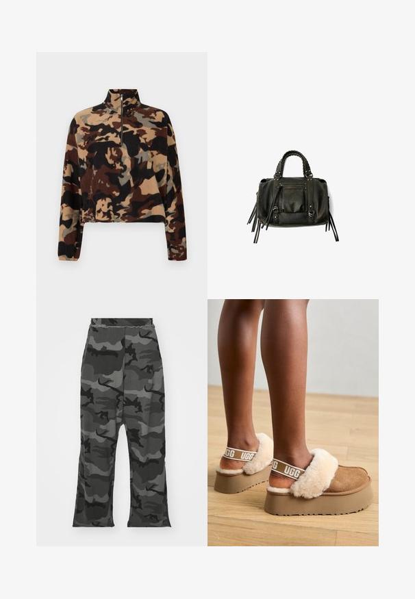 Langemouwen fleece pullover met een bruin, zwart en beige camouflagepatroon, voorzien van een halve ritssluiting en elastische manchetten.; Camo joggers in zwart- en grijstinten, met een elastische tailleband, een ruime pasvorm en lichte spltits aan de onderkant van de benen.; Bruine platformslippers met een met bont gevoerde band en zachte beige bontaccenten. Bevat een logo op de band en een gestructureerde buitenzool.; Zwarte lederen handtas met gevlochten handvatten, ritsvak en hangende franjes. Gelaagde oppervlakte met metalen studs en hardwareaccenten.