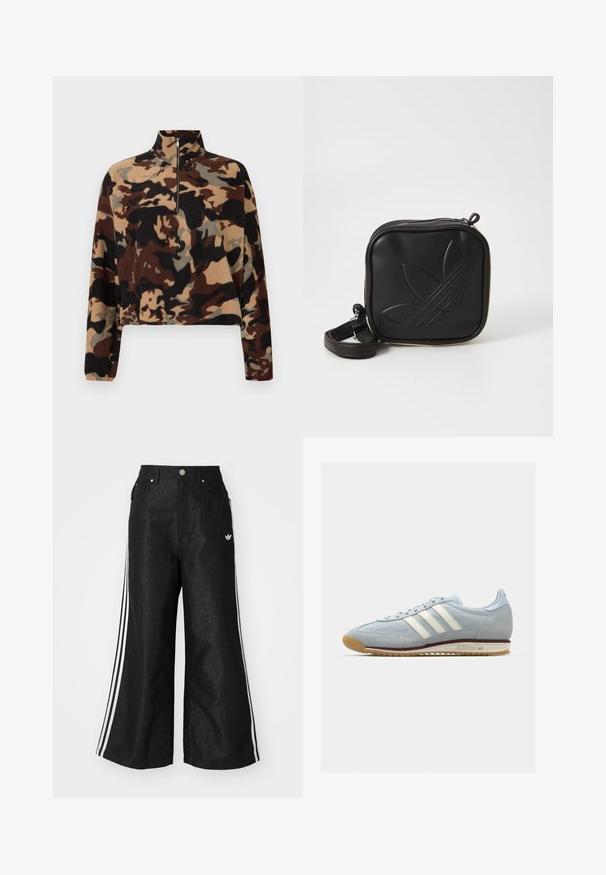 Langemouwen fleece pullover met een bruin, zwart en beige camouflagepatroon, voorzien van een halve ritssluiting en elastische manchetten.; Zwarte denim broek met wijde pijpen, voorzien van drie witte strepen aan elke zijkant en een klein wit logo. Heeft voorzakken en een knoopsluiting.; Lichtblauwe suède sneakers met witte drie streepen, rubberen zool en textuur-mesh. Voorzien van een gladde neuskap en branding op de hak.; Zwarte vierkante crossbody tas van gestructureerd synthetisch materiaal. Met een reliëflogo ontwerp en een verstelbare schouderband. Ritssluiting.