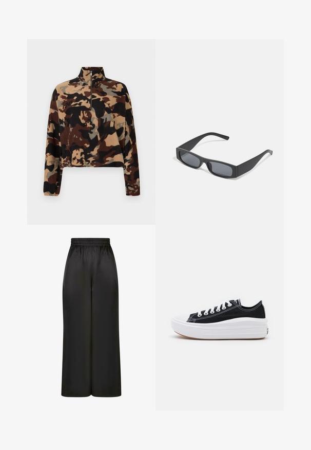 Langärmliger Fleece-Pullover mit braunem, schwarzem und beigem Camouflage-Muster, ausgestattet mit einem halben Reißverschluss-Kragen und elastischen Bündchen.; Schwarze, weit geschnittene Hosen aus glattem, glänzendem Stoff mit elastischem Bund und ohne sichtbare Taschen oder Metallteile.; Schwarze Canvas-Sneaker mit weißen Schnürsenkeln, weißer Gummikappe und einer massiven weißen Zwischensohle. Besondere Merkmale sind dezente weiße Nähte und eine Gummisohle.; Schwarze rechteckige Sonnenbrillen mit dunklen Gläsern und dicken matten Rahmen. Die Bügel sind leicht verjüngt und haben eine glatte Oberfläche.