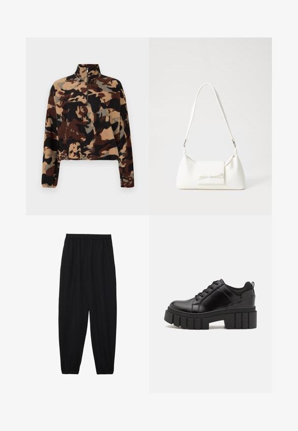 Pika-sleediga fliisipullover, mis on pruunide, mustade ja beežide kamuflaažimustritega, poolsiidi krae ja elastsete mansettidega.; Mustad, kerge kangas püksid elastse vöökoha ja kokku volditud pahkluudega. Kanga pind on sile ja disain on lõdvestunud, kitsenev.; Must musta platvormsussid paksu plokkninal, ümmarguse varbaga ja traditsioonilise nööridega kinnitamisega. Sussid on sileda tekstuuriga ja minimaalsete detailidega.; Valge sünteetilisest materjalist kott kolmnurkse kujuga, lame esiklapiga ja kaaredetailiga, reguleeritava rihmaga, sileda tekstuuriga ja minimalistliku disainiga.