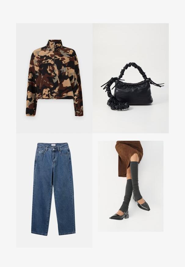 Langærmet fleece-pullover med brun, sort og beige camouflage-mønster, med halv-lynlås krave og elastiske manchetter.; Klassiske blå denimbukser med lige ben, fem lommer og knaplukning. Har en medium vask og en robust tekstur.; Sorte patenterede lædersko med spids tå, blokhæl og ankelrem, kombineret med grå ribbede benvarmere og en brun ruskinds nederdel.; Sort kunstlæder håndtaske med krokodilteksur, indsnøret top og en sammenkrøben rem. Ser blød og kompakt ud i designet.