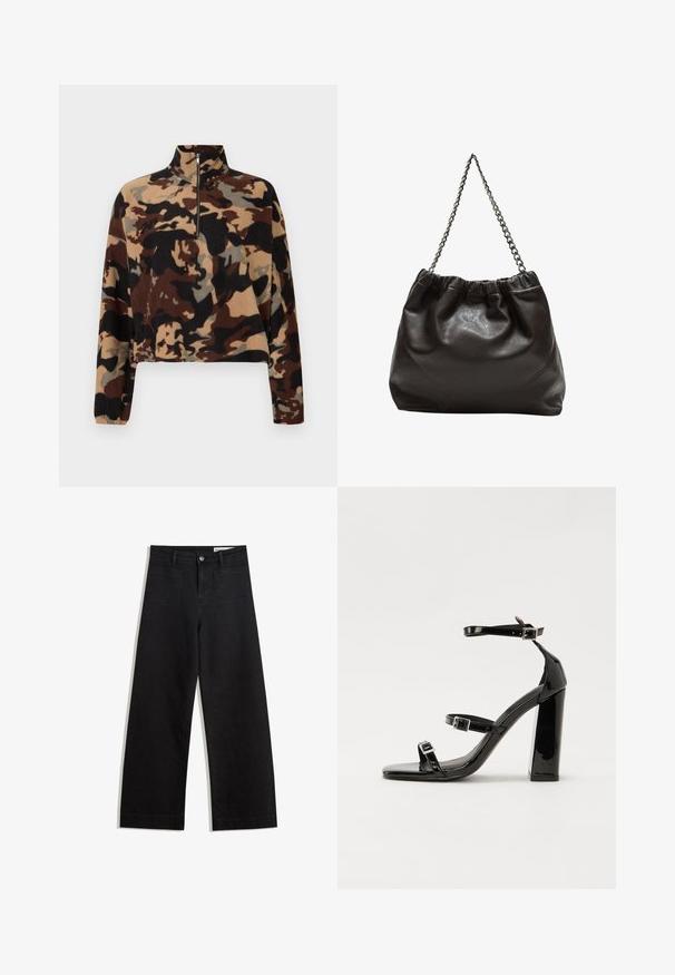 Maglione in pile a maniche lunghe con motivo camouflage marrone, nero e beige, dotato di colletto a mezza zip e polsini elasticizzati.; Pantaloni in denim neri a gamba larga con vita alta, dotati di tasche anteriori e posteriori, cuciture a punto, e chiusura con bottone. Texture liscia.; Sandali con tacco in vernice nera, con punta squadrata, cinturini alla caviglia e fibbie in argento. Presentano un tacco a blocco spesso per maggiore stabilità.; Borsa in pelle marrone con parte superiore arricciata e tracolla a catena. Texture liscia con finitura lucida e dettagli di cucitura sottili sui lati.