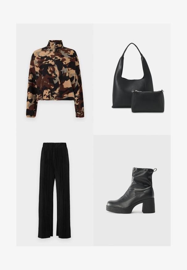 Dugi rukav, flis pulover s smeškim, crnim i bež kamuflažnim uzorkom, s polu-zip ovratnikom i elastičnim manžetama.; Crne plisirane hlače s elastičnim pojasom. Imaju široke nogavice i glatku, teksturiranu tkaninu s vertikalnim prugama.; Crne gležnjače od glatke kože, s bočnim zatvaračem, debelim teksturiranim potplatom i dizajnom s zaobljenim prstima.; Even&Odd Ručna torba - black