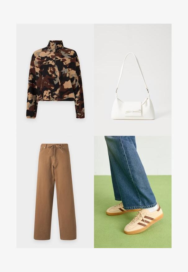 Langärmliger Fleece-Pullover mit braunem, schwarzem und beigem Camouflage-Muster, ausgestattet mit einem halben Reißverschluss-Kragen und elastischen Bündchen.; Braune weit geschnittene Hosen aus Baumwolle, mit einem Kordelzugbund und zwei Fronttaschen. Strukturiertes Gewebe mit glatter Oberfläche.; Beige Sneakers mit strukturierten cremefarbenen Paneelen und braunen Streifen, kombiniert mit blauen Jeans. Die Jeans haben einen weiten Beinschnitt und einen fransigen Saum.; Weiße synthetische Handtasche in dreieckiger Form, flache Vorderklappe und Schleifendetail, verstellbarer Trageriemen, glatte Textur und minimalistisches Design.