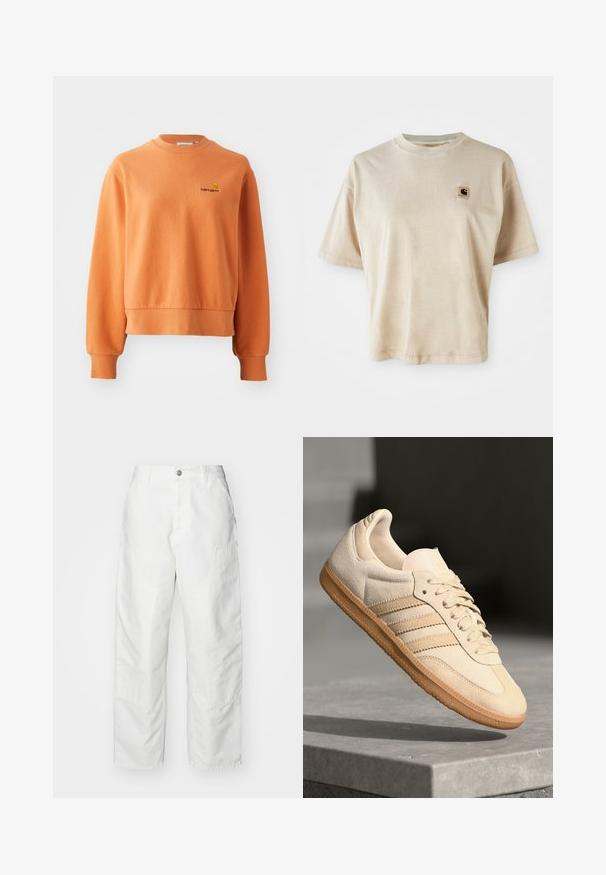 Oranžs džemperis, kas izgatavots no mīkstas kokvilnas, ar ribotu apaļu kakla izgriezumu, garām piedurknēm un mazu izšūtu logo krūšu rajonā.; Bēšas kokvilnas T-krekls ar brīvu piegriezumu, apaļu kakla izgriezumu, īsām piedurknēm un mazu kvadrātveida logotipa uzlīmi kreisajā krūšu pusē.; Baltas kravas bikses, izgatavotas no denim materiāla, ar brīvu piegriezumu, sānu kabatām un redzamām šuvju detaļām. Vienkārša priekšēja daļa ar pogu aizdari.; Gaišbeige zamšas sneakeris ar gumijas zoli, trim diagonālām svītrām un teksturētu purngali. Uz mēles un sānos ir redzams logotips.