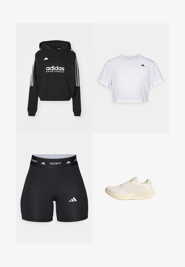 adidas Sportswear TIRO CUT 3 STRIPES HOODIE - Mikina s kapucňou - black/white; Biely skrátený tričko vyrobené z mäkkého materiálu, s krátkymi rukávmi a okrúhlym výstrihom. Čierne logo na ľavej hrudi.; Čierne nohavice z elastického materiálu s priliehavým strihom. Majú široký čierny pás s nápisom "TECHFIT" a bielym logom na nohe.; Svetlo béžová športová obuv s vrchnou časťou z sieťoviny, plochými šnúrkami a polstrovanou podrážkou. Obsahuje dizajn troch pruhov na bočnej strane.