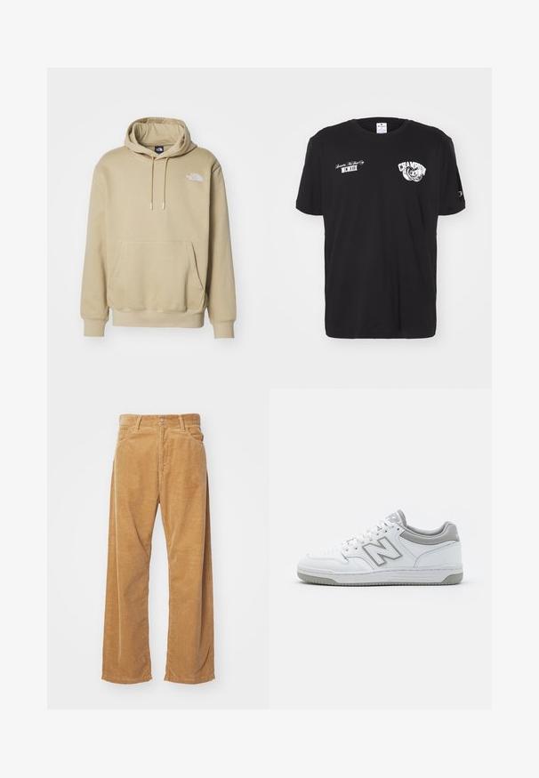 Bežna kapuca iz mehke tkanine, ki ima sprednji žep, nastavljive vrvi in majhen bel logotip na zgornji levi strani.; Črna bombažna majica s kratkimi rokavi, okroglo izrezana, z belim "Champion" logom in besedilnimi odtisi spredaj in na rokavu.; Kordna široke hlače v tan barvi. Imajo teksturirane, vertikalne reške, standarden pas in dva sprednja žepa.; Bele superge iz bele usnja z sivimi elementi, z luknjasto prednjo stranjo, ravnimi vezalkami in vzorčastim podplatom. Na strani je logo New Balance.
