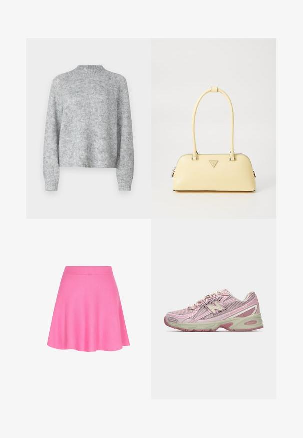 Heled halli kivipesu, millel on kõrge kaelus, pikad varrukad ja vabam lõige. Valmistatud tekstuurse kudumise kangast, millel on peened värvimuutused.; Roosa kudumiskleit, millel on vormitud vöökoht ja laienev disain, tehtud pehmest kangast, mis lisab siledat tekstuuri.; Roosa ja beež New Balance 740 sneaker, millel on võrkkattega ja sünteetilisest materjalist ülemine osa, paelaga kinnitus ja pehme tallaga, kujutatud külgprofilis.; Kollane läikiv nahast käekott ümmarguse kujuga, ühe ülemise käepidemega ja hõbedase logo plaadiga. Sisaldab lukk sulgemist ja siledat tekstuuri.