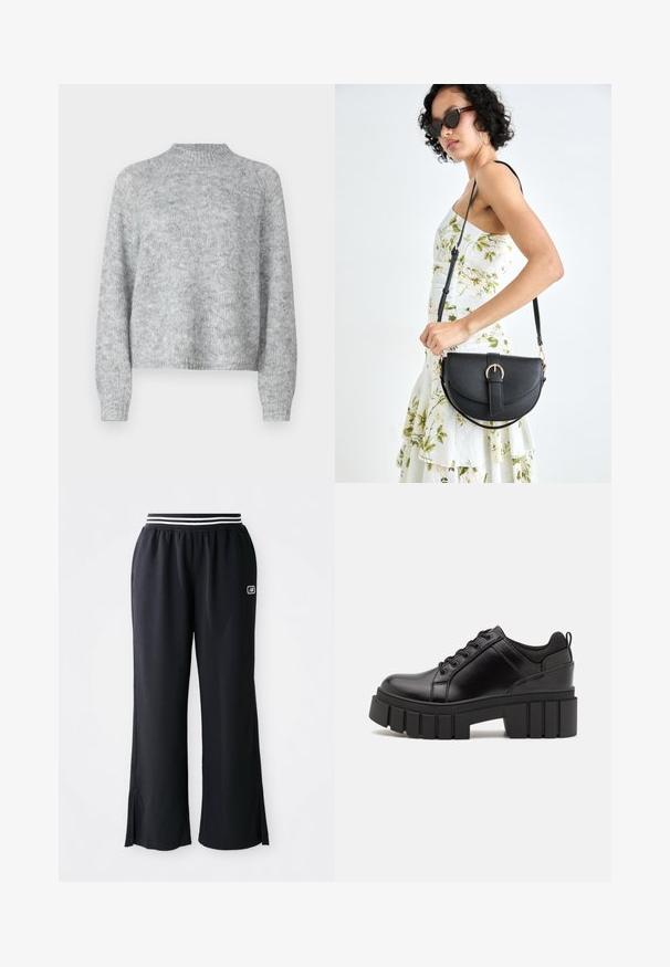 Heled halli kivipesu, millel on kõrge kaelus, pikad varrukad ja vabam lõige. Valmistatud tekstuurse kudumise kangast, millel on peened värvimuutused.; Mustad sportpüksid laia sääre disainiga, elastse vöökoha, kus on mustad ja valged triibud, ning külgslõikega all ääres.; Must musta platvormsussid paksu plokkninal, ümmarguse varbaga ja traditsioonilise nööridega kinnitamisega. Sussid on sileda tekstuuriga ja minimaalsete detailidega.; Mustmust mustraha kõverate joontega, eemaldatava rihmaga ja kuldsete detailidega. Kotil on klapp, millel on pandladetail.