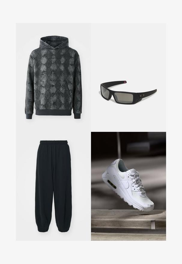 Pelēkās krāsas džemperis ar kapuci un čūskādas rakstu. Aprīkots ar priekšējo kabatu un ribotām piedurknēm un apakšmalu. Mīksta tekstūra, ikdienišķs dizains.; Melnas sporta bikses ar elastīgu jostasvietu, brīvu piegriezumu, aprocēm ap potītēm, gludu tekstūru, un bez redzamām rakstu vai aparatūras akcentiem.; Baltas Nike Air Max 90 sporta apavi ar sietu un ādas augšdaļu, caurspīdīgu pirksta daļu un redzamu gaisa vienību papēdī.; Melni saulesbrilles ar matētu apdari, taisnstūra lēcām, nedaudz izliektiem tempļiem, smalkiem logotipa elementiem un dūmu nokrāsas lēcām.