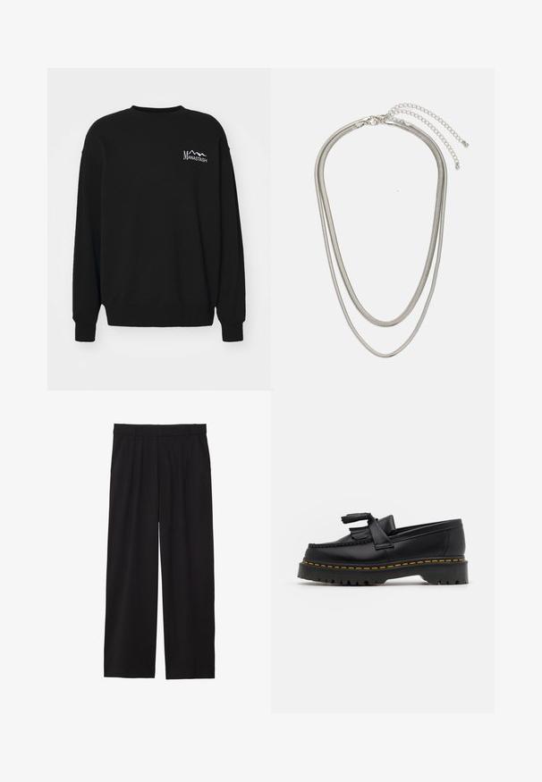 Felpa nera in cotone. Presenta un collo rotondo, maniche lunghe e un logo "Manastash" ricamato in bianco con grafica di montagna sul petto.; Pantaloni neri a gamba larga con frontale plissettato, tasche laterali e una texture di tessuto liscia. Progettati per un fit comodo.; Mocassino in pelle nera con un'accento a frange, dotato di una suola nera spessa e cuciture gialle lungo il bordo. Finitura testurizzata.; Collana in metallo argentato a tre strati caratterizzata da catene sottili e flessibili con una leggera lucentezza, fissata con un gancio a molla e una catena regolabile.