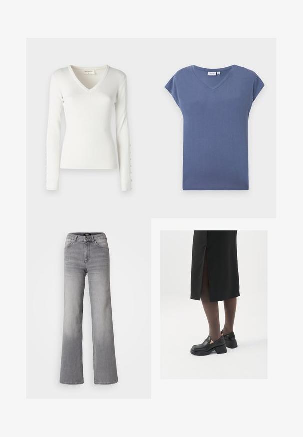Biała prążkowana bluzka z długim rękawem i dekoltem w kształcie litery V, z guzikami na rękawach. Miękka tekstura i dopasowany fason.; T-shirt z dekoltem w serek, krótki rękaw w stonowanym niebieskim kolorze, wykonany z miękkiej bawełny o gładkiej fakturze i luźnym kroju.; Szare dżinsy o prostym kroju i wysokim stanie, z przodu zapinane na guzik i zamek, z kieszeniami z przodu i z tyłu oraz z wyblakłym odcieniem na udach i łydkach.; Czarne skórzane buty z okrągłym noskiem, grubym blokowym obcasem i elastycznymi akcentami po bokach, zestawione z ciemnymi rajstopami i czarną spódnicą z rozcięciem.
