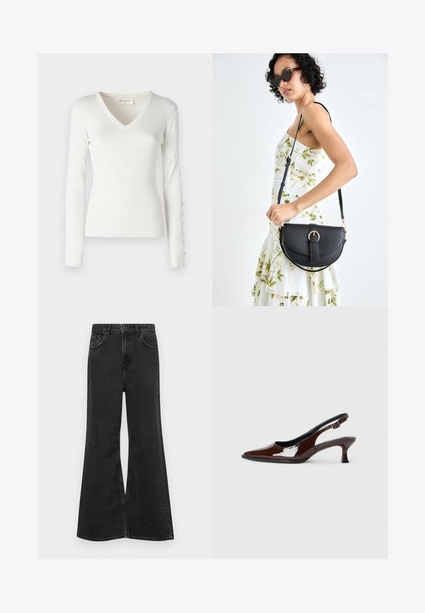 Bluză albă cu mâneci lungi, cu model nervurat, de tip V și accente cu nasturi pe mâneci. Textură moale, cu o croială ajustată.; Blugi negri din denim, evazați, cu talie înaltă, având cinci buzunare, cusături subtile și o închidere cu nasture în față.; Pantofii slingback din piele patent maro, cu vârful ascuțit și un toc moderat. Prezintă o curea cu prindere pentru o potrivire sigură. Textură netedă.; Geantă din piele neagră, cu o formă curbată, curea detașabilă și accesorii aurii. Geanta are un capac cu un detaliu tip cataramă.