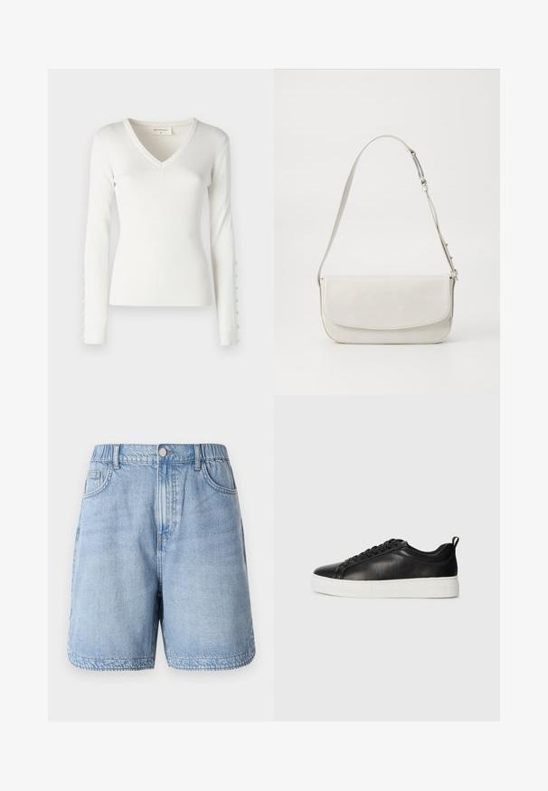 Haut à manches longues blanc à côtes, avec un design en V et des accents de boutons le long des manches. Texture douce avec une coupe ajustée.; Shorts en denim bleu clair avec taille élastique, deux poches avant et coupe décontractée. Présente un léger délavage et des détails de surpiqûre.; Basket en cuir noir avec une finition lisse, semelle en caoutchouc blanche, bout rond et design à lacets. Présente une languette au niveau du talon.; Sac à épaule en cuir blanc avec une finition lisse, de forme rectangulaire, fermeture à rabat et une bandoulière réglable. Détails de couture simples.