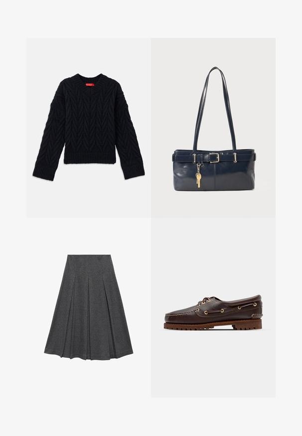 Schwarzer Strickpullover mit V-Ausschnitt, der ein Kabelmuster sowie gerippte Bündchen und Saum aufweist. Aus einem strukturierten Garn für zusätzliche Wärme gefertigt.; Grauer, plissierter Rock mit ausgestellt Form, aus weichem Stoff. Verfügt über vertikale Falten und einen glatten Bund für einen figurschmeichelnden Look.; Braune Lederbootsschuhe mit goldenen Ösen, runden Schnürsenkeln und einer strukturierten braunen Gummisohle. Verfügt über genähte Details und ein erhabenes Logo.; Marineblaue Lederhandtasche mit zwei langen Griffen, einer Schnallen-Detailierung und einem daran befestigten Schlüsselanhänger. Besitzt eine glatte Textur und eine rechteckige Form.