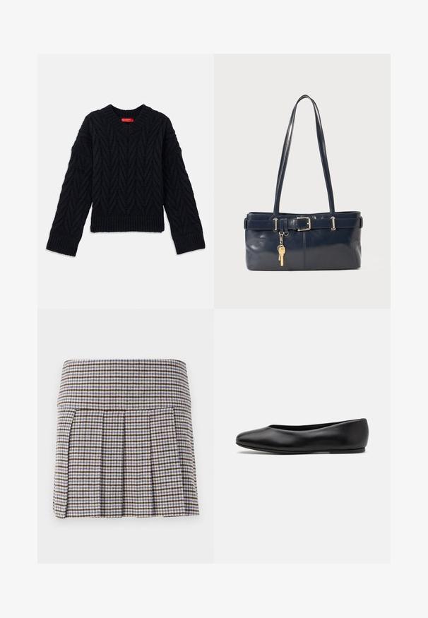 Maglione nero lavorato a maglia con scollatura a V, caratterizzato da un motivo a treccia e polsini e orlo a coste. Realizzato in un filato testurizzato per un calore aggiuntivo.; Gonna plissettata con un motivo a quadri nei toni marrone, beige e blu. Realizzata in un tessuto texturizzato con una vita aderente e pieghe decorative.; Paul Smith TOPANGA - Ballerine - black; Borsa a mano in pelle blu con due manici lunghi, un dettaglio con fibbia e un portachiavi attaccato. Presenta una texture liscia e una forma rettangolare.