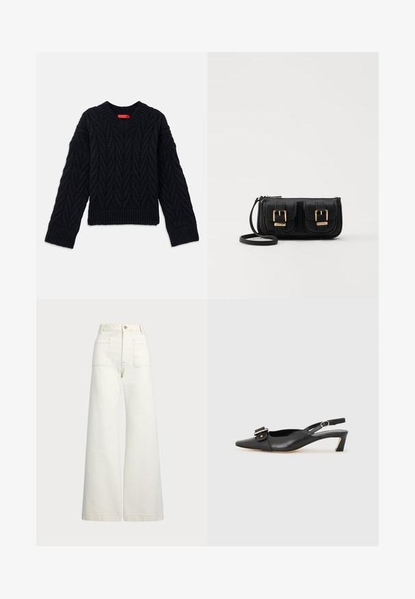 Svart strikket genser med V-hals, med kabelmønster og ribbestrikkede ermer og kant. Laget av et strukturert garn for ekstra varme.; Vidde bukser i off-white denim. Høyt liv-design med knappelukking, to frontlommer og kontrastsøm detaljer.; Svarte skinn slingback-sko med spiss tå, liten hæl og dekorativ spenne-detalj på overdelen. Glatt tekstur, minimalistisk design.; Svart skinn crossbody veske med to frontlommer, gyldne spenner, glidelåslukking og en slank stropp. Teksturert overflate og kompakt rektangulær form.