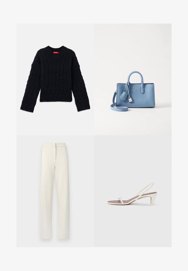 Pull noir en tricot avec un col en V, présentant un motif en cÂble et des poignets et un ourlet côtelés. Fabriqué à partir d'un fil texturé pour plus de chaleur.; Pantalons larges de couleur crème en tissu doux, avec une taille plate, des poches latérales et des coutures décoratives le long des seams.; Sandales blanches à talon léger avec des fines lanières et une texture en cuir lisse ; elles sont dotées d'une petite boucle décorative.; Sac à main en cuir bleu clair avec des poignées doubles, une bandoulière amovible et un détail de verrou et d'étiquette en métal argenté. Texture lisse.