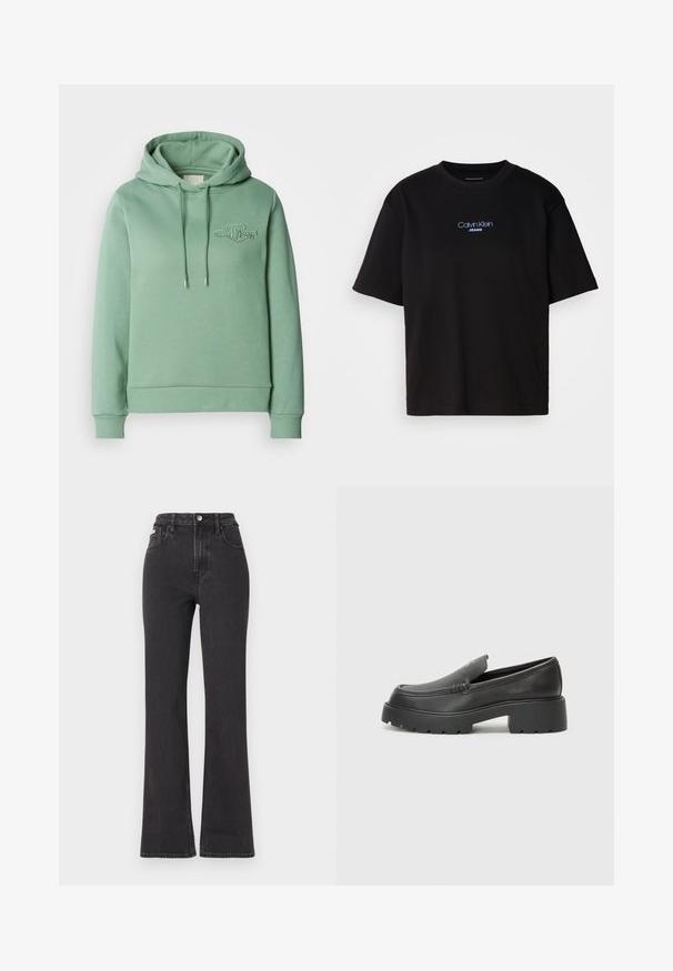 Hladnozeleni kapućast dukserica sa kenguruvim džepom, kapucom sa šniranjem, rebrastim manžetama i malim izvezenim logom na grudima. Mekana tkanina od pamučne mešavine.; Črna bombažna majica s krožnim izrezom, kratkimi rokavi in modrim vezenim logotipom "Calvin Klein JEANS" na sprednji strani.; Črne kavbojke s visokim pasom in razširjenimi hlačnicami, narejene iz denima, z gumbom za zapiranje, zankami za pas in stranskimi žepi. Gladka tekstura z minimalnim bledenjem.; Črne usnjene loafers čevlje z zaobljenim nosom, debelim teksturiranim podplatom in minimalnimi šivi. Elegantna zasnova brez vidnih vezalk ali kovinskih delov.