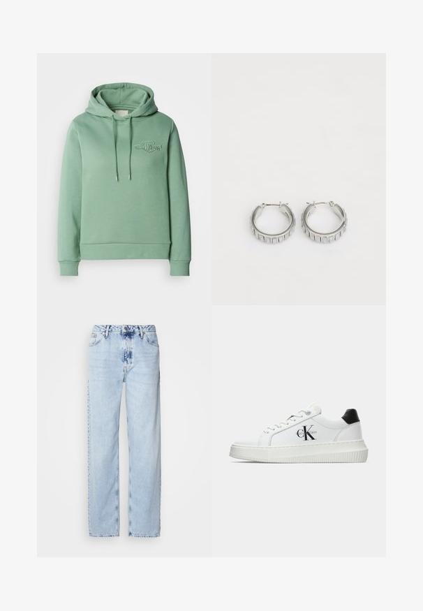 Μυτη πράσινη φούτερ με καγκουρό τσέπη, κουκούλα με κορδόνι, ριμπ μανίκια και ένα μικρό κεντημένο λογότυπο στο στήθος. Μαλακό ύφασμα από συνδυασμό βαμβακιού.; Ανοιχτό μπλε παντελόνια με φαρδύ καβάλι από τζην, με υψηλή μέση, ξεθωριασμένο πλύσιμο και διακριτό σχέδιο tie-dye μπροστά.; Λευκό αθλητικό παπούτσι χαμηλού προφίλ με μαύρη ταμπέλα στη φτέρνα, πλατφόρμα, κορδόνια και λογότυπο "CK" της Calvin Klein στο πλάι.; Ασημένια σκουλαρίκια κρίκοι με υφή που διαθέτει κατακόρυφες ραβδώσεις. Κυκλικός σχηματισμός με ασφαλές κλείσιμο. Λείος φινίρισμα.