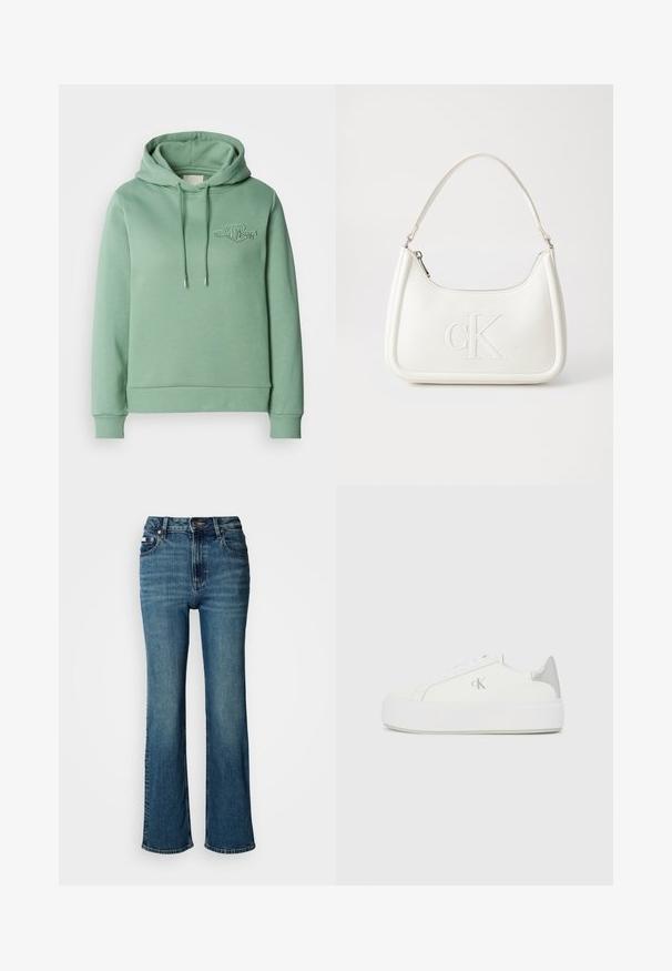 Felpa verde menta con tasca a marsupio, cappuccio con coulisse, polsini a coste e un piccolo logo ricamato sul petto. Tessuto morbido in misto cotone.; Jeans a vita alta blu in denim, con un design a gamba dritta, lievi sbiaditure e chiusura con bottone e cerniera standard.; Sneakers bianchi in tela con suola bianca spessa, caratterizzati da un accento argentato metallico sul tallone e un delicato dettaglio del logo sul lato.; Borsa a tracolla in pelle bianca con forma curva, dotata di un logo "CK" impresso sul davanti e una singola tracolla. Chiusura a zip nella parte superiore.