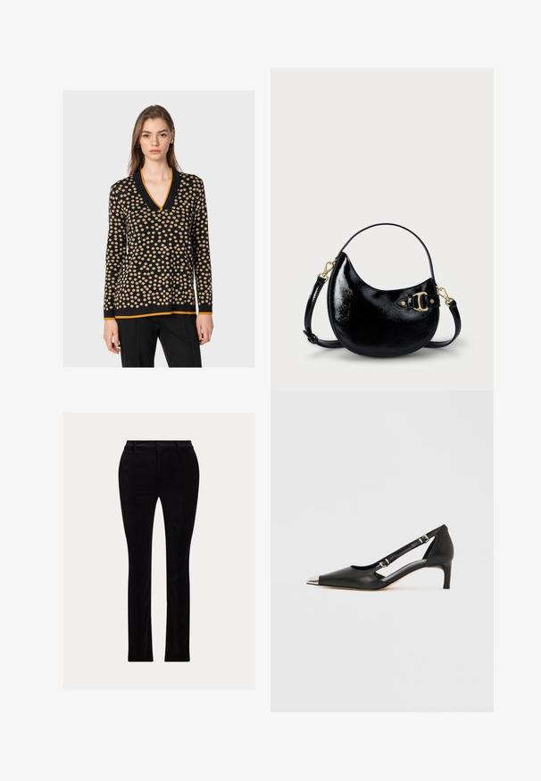 Czarny sweter w beżowe kropki, fason w serek, długie rękawy oraz pomarańczowy akcent przy dekolcie i końcówkach. Miękka tekstura.; Czarne spodnie wykonane z gładkiego, welurowego materiału. Dopasowany krój z prostą nogawką, z tradycyjnym pasem i szlufkami na pasek.; Czarny skórzany but na obcasie typu kitten z metalowym, srebrnym zakończeniem palca i podwójnymi paskami na klamry na białym tle.; Czarna torebka z lakierowanej skóry o zaokrąglonym kształcie, z regulowanym paskiem i złotymi akcentami po boku. Gładka, błyszcząca tekstura.; Złote metalowe kolczyki w kształcie obręczy o zakrzywionym, wydłużonym kształcie. Posiadają gładką, błyszczącą powierzchnię oraz zaokrąglony koniec dla dodatkowego efektu.