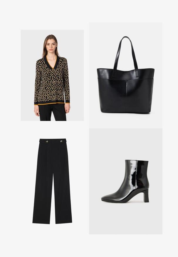 Mustat neulepaita, jossa on vaaleanruskeita pilkkuja, V-kaula-aukko, pitkät hihat ja oranssia yksityiskohtaa kaula-aukossa ja helmassa. Pehmeä rakenne.; Mustat leveälahkeiset housut, joissa on korkea vyötärö, napit vyötärönauhassa ja etupuolella laskokset.; Musta patenttilakattu nilkkuri, jossa on terävä kärki ja keskipitkä lohkarekorko. Silkkinen pinta ja minimalistinen muotoilu.; Musta nahkainen kassi, jossa on kaksi pitkää kahvaa, sileä pinta ja jämäkkä muoto. Sisältää etutaskun lisävarastointia varten.