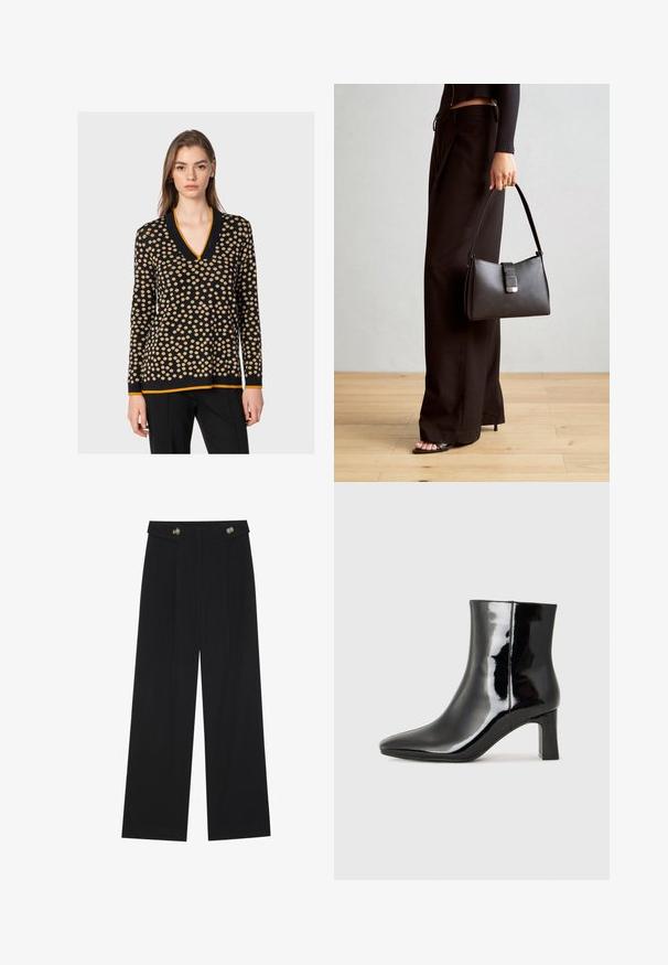 Maglione nero con pois beige, design a V, maniche lunghe e accento arancione sul collo e sull'orlo. Texture morbida.; Pantaloni neri a gamba larga con vita alta, dettagli con bottoni in vita e pieghe frontali.; Stivaletto in pelle verniciata nera con punta a punta e tacco a blocco di altezza media. Texture liscia e design minimalista.; Borsa nera con forma strutturata, texture liscia e una chiusura metallica. Abbinata a pantaloni neri larghi e sandali open-toe su un pavimento in legno.