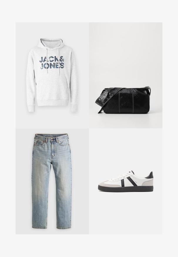 Hallide hallide sweatshirt, millel on kirjas "JACK & JONES" mustriga kujunduses. Pehme kangas, pikkade varrukatega ja ees kangaroo taskuga.; Heledad hele sinine teksapükste kõrge vöökoht, ees nupuga, lukuga ja viie taskuga disain, asetatud tasasele neutraalsele taustale.; Valged tossud mustade ja hallide aktsentidega, tekstureeritud halli varbakattega, musta kummitald ja lamedad valged paelad. Puhtad jooned, minimalistlik stiil.; Must mustra nahkainine õlakott, millel on tõmblukk, tekstureeritud pind, valged õmblused ja rihm hõbedaste rõngastega.