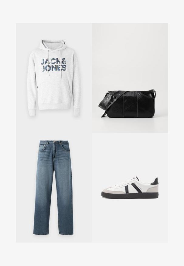 Šedá mikina s kapucí, na které je text "JACK & JONES" v vzorovaném designu. Měkká tkanina s dlouhými rukávy a přední kapsou typu kangaroo.; Džíny s rovnými nohavicemi, modré jeansy s vybledlým vzhledem, s pěti kapsami, kovovým knoflíkem a poutky na opasek. Strukturovaná, středně těžká látka.; Bílé tenisky s černými a šedými akcenty, opatřené texturovaným šedým prstovým krytem, černou gumovou podrážkou a plochými bílými tkaničkami. Čistý design, minimalistický styl.; Černá kožená kabelka přes rameno se zapínáním na zip, s texturovaným tělem, bílým prošíváním a popruhem se stříbrnými očky.
