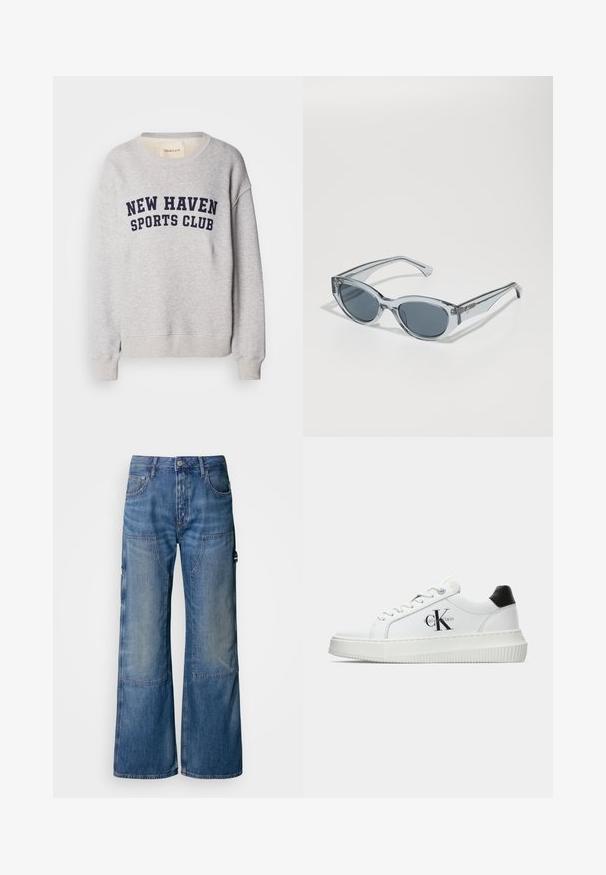 Světle šedá mikina vyrobená z bavlněné směsi, s námořnickým modrým nápisem "NEW HAVEN SPORTS CLUB" na hrudi. Elastické manžety a lemy.; Široké modré džíny vyrobené z džínoviny, s vybledlým povrchem, několika kapsami a zapínáním na knoflík. S texturou viditelných švů.; Bílé nízké tenisky s černým patním tabem, platformovou podrážkou, tkaničkami a logem Calvin Klein "CK" na boku.; Čiré, lehké sluneční brýle s oválnými čočkami, šedě tónovanými skly a štíhlými obroučkami se kovovým detailem na spáncích.