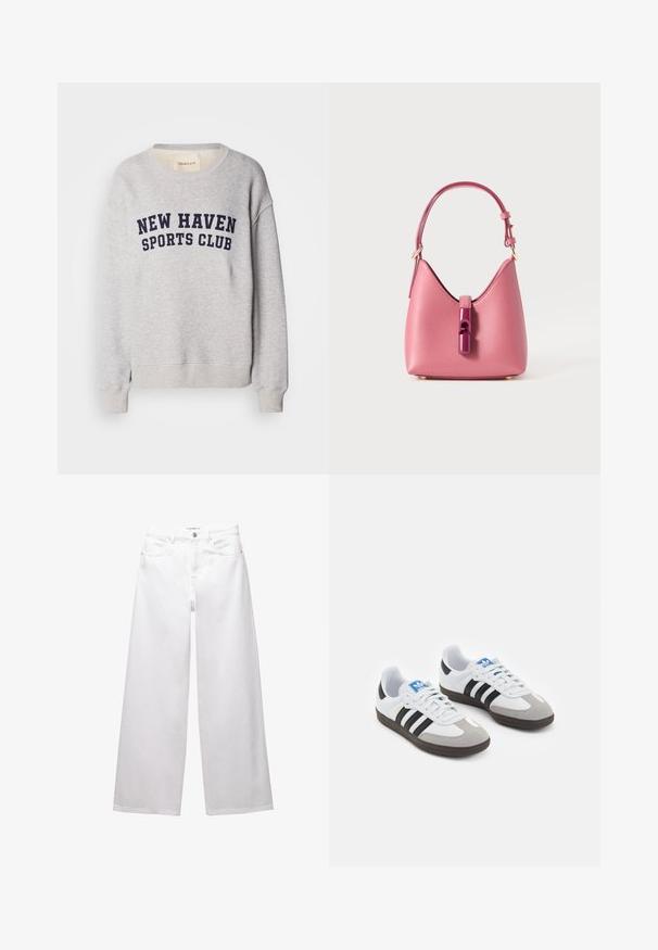 Hanorac gri deschis, realizat dintr-un amestec de bumbac, cu inscripția albastru închis "NEW HAVEN SPORTS CLUB" pe piept. Mansete și tiv cu snur.; Jeans albe cu croi larg, confectionate din denim. Prezintă închidere cu nasture, buzunare frontale și posterioare, și cusături evidente. Textură netedă cu detalii minime.; Încălțăminte sport cu un superior din piele albă, vârf din suede gri și trei dungi negre. Prezintă un logo albastru pe limbă și o talpă din cauciuc texturat.; Geantă de mână din piele roz, cu o formă structurată, având un închizător lucios și o curea ajustabilă simplă. Finisaj texturat cu accesorii aurii.