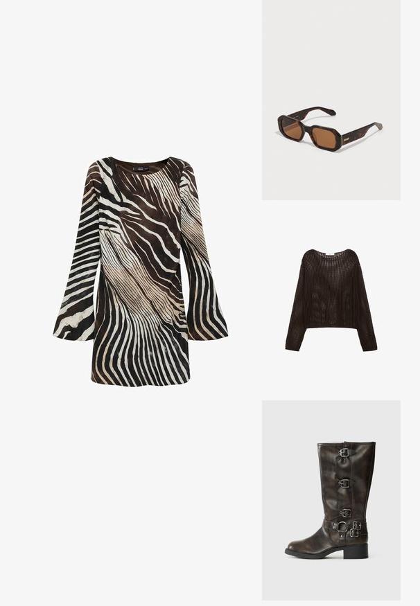 Pulover dolgih rokavov, povezan v krožnem stilu, v temno rjavi barvi, z ohlapnim krojem in odprto tkanino, z zaobljenim izrezom in spuščeni rameni.; Dolga obleka v rjavi in krem barvi s potiskom v zebrine črte. Mehak material, razširjene rokave in okroglo izrez.; Rjave usnjene čizme do kolen z več zaponkami, okroglo konico in nizko debelo peto. Imajo teksturiran zaključek in nastavljive trakove.; Sonce očala iz marmorja s šesterokotnim okvirjem, rjavimi lečami in zlatim logotipom 'QUAY' na ročaju. Gladka tekstura, robustna zasnova.