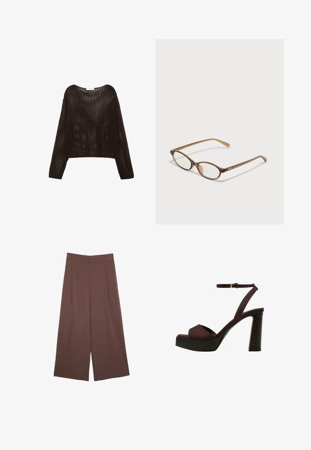 Sweter na długi rękaw w stylu szydełkowym w ciemnym brązie, z luźnym krojem i otwartą fakturą, z zaokrąglonym dekoltem i opadającymi ramionami.; Brązowe spodnie o szerokich nogawkach z gładką fakturą, z wysokim stanem i plisami z przodu. Materiał jest lekki i luźno opada.; Brązowe zamszowe sandały na wysokim obcasie z odkrytymi palcami, regulowanym paskiem na kostce i paskowatą podeszwą.; Brązowe okulary w motyle z owalnymi soczewkami, cienkimi ramionami i przezroczystymi akcentami. Posiadają subtelne logo na zauszniku. Smukły, lekki design.
