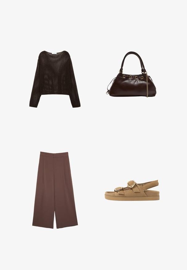 Häkel-Stil Langarmtop in Dunkelbraun, mit lockerer Passform und offener Struktur, runder Ausschnitt und überschnittenen Schultern.; Braune Weite-Leg-Hosen mit einer glatten Textur, hoher Taille und Vorderfalten. Der Stoff ist leicht und fällt locker.; Tanfarbene Wildledersandalen mit zwei verstellbaren Riemen, goldenen Hardware-Accessoires und einer dicken gepolsterten Sohle für Komfort und Unterstützung.; Dunkelbraune Lederhandtasche mit glatter Oberfläche, strukturiertem Design, goldfarbener Beschläge und doppelten Griffen mit einer Kettenakzentuierung.