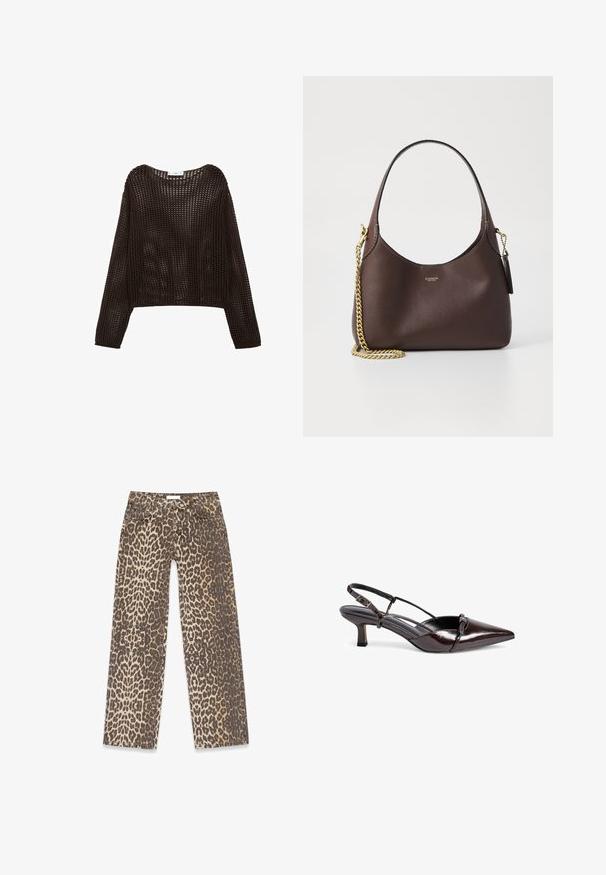 Haken-stijl lange mouwen top in donkerbruin, met een losse pasvorm en open geweven textuur, met een ronde halslijn en verlaagde schouders.; Denim jeans met luipaardprint, gekenmerkt door een neutraal beige en bruin kleurpalet, rechte pijpen en traditionele zakdetails.; Bruine gepatineerde leren slingback pump met een spitse neus, kleine blokhak, kruisbandontwerp en decoratieve strikdetail aan de voorkant.; COACH BROOKLYN SHOULDER BAG 23 - Handtas - maple