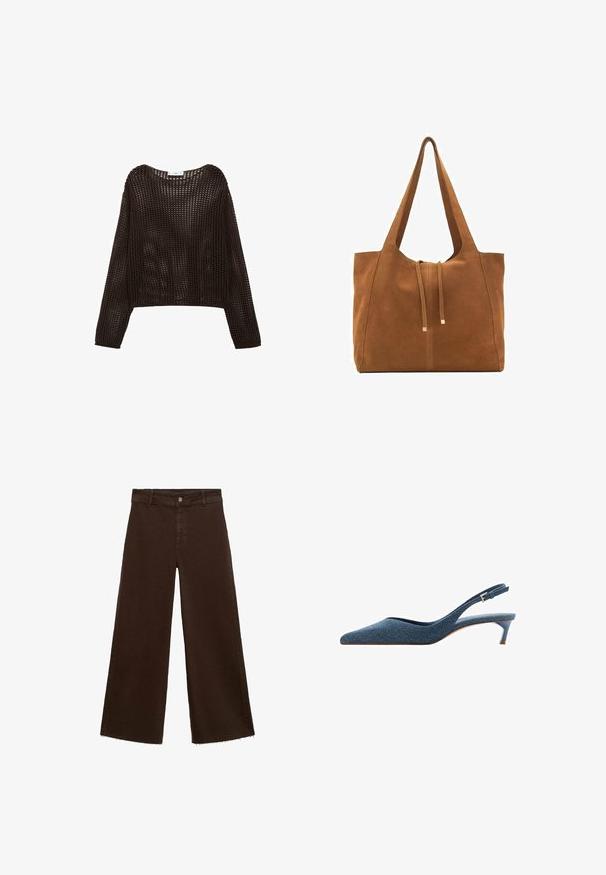 Dug izraden naći s dugim rukavima u tamnosmeđoj boji, s labavim krojem i otvorenom tkaninom, zaokrugljenim izrezom i spuštenim ramenima.; Smeđe široke hlače od pamuka, s raspucanim rubom, prednjim kopčanjem na dugme i klasičnim dizajnom s pet džepova. Minimalističke i svestrane.; Kobalt plave slingback štikle sa šiljastim vrhom i niskom, tankom potpeticom. Imaju teksturirani materijal u tamnoplavoj boji i elegantan, uski dizajn.; Smeđa antilop torba za ruke s dva duga remena, zatvaranje na vezicu i minimalistički dizajn. Glatka tekstura i bez vidljivih metalnih elemenata.