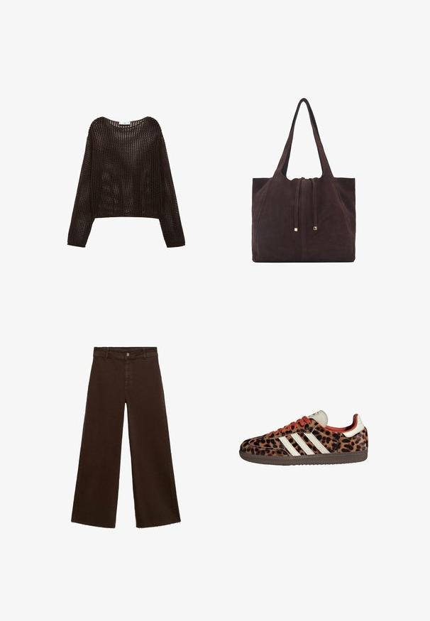Haken-stijl lange mouwen top in donkerbruin, met een losse pasvorm en open geweven textuur, met een ronde halslijn en verlaagde schouders.; Bruine wijde broek in katoenmix, met een rafelige zoom, sluiting met een knoop aan de voorkant en een klassieke vijf-pocketstijl. Minimalistisch en veelzijdig.; Leopardprint sneakers van suède met rode veters en drie witte strepen aan de zijkant. Bevat een crèmekleurige tong en een bruine zool.; Mango Shopper - dark brown