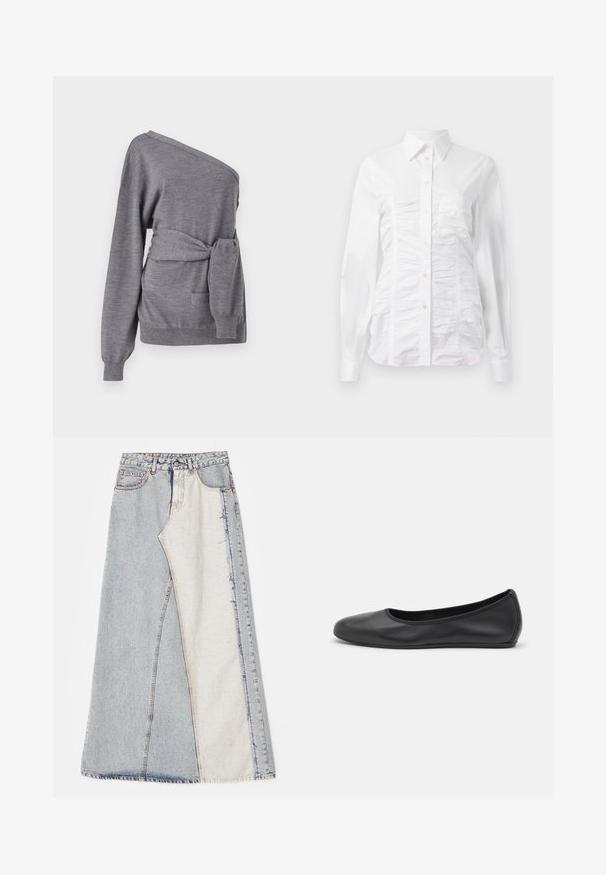 Asymmetrischer grauer Pullover aus weichem Material mit einem taillierten Gürtel, einem einseitigen Schulterdesign und einer Vordertasche.; Weißes Hemd mit langen Ärmeln, das über eine geraffte Textur auf der Vorderseite, kleine goldene Knöpfe und einen klassischen Kragen verfügt.; Jeansrock mit einem Patchwork-Design in hell- und mittelblauen Abschnitten, ausgefransten Säumen und hoher Taille. Klassischer Fünf-Taschen-Stil.; Schwarze Leder-Ballettschuhe mit abgerundeter Spitze, glatter Textur, minimalen Nähdetails und einem flexiblen Sohlen-Design.