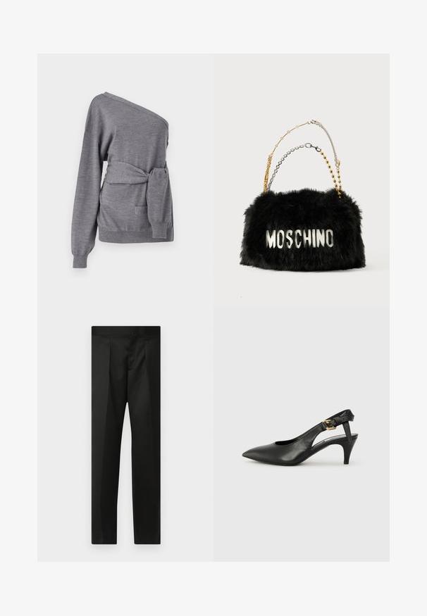Asymetryczny szary sweter z miękkiego materiału, z paskiem w talii, jednolitym ramieniem i kieszenią z przodu.; Czarne spodnie wykonane z gładkiego materiału, z dopasowanym krojem, prostymi nogawkami oraz płaskim pasem bez widocznych zapięć lub kieszeni.; Czarne skórzane szpilki slingback z ostrym noskiem, małym obcasem i zapięciem na klamrę przy pasku kostki. Gładka tekstura, minimalistyczny design.; Czarna torebka z imitacji futra z złotymi i srebrnymi łańcuszkami. Na przedniej stronie znajduje się logo "MOSCHINO" w białym kolorze. Miękka tekstura i prostokątny kształt.