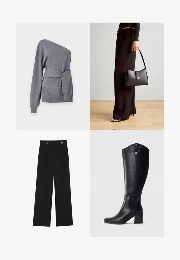 Asymmetrischer grauer Pullover aus weichem Material mit einem taillierten Gürtel, einem einseitigen Schulterdesign und einer Vordertasche.; Schwarze weite Hosen mit hoher Taille, Knopfdetails am Bund und vorderen Falten.; Schwarze knielange Lederstiefel mit einer quadratischen Spitze und Blockabsatz. Enthält eine Seitennaht und eine dekorative Metallakzent oben.; Schwarze Handtasche mit strukturierter Form, glatter Textur und einem metallischen Verschluss. Kombiniert mit weiten schwarzen Hosen und offenen Sandalen auf einem Holzboden.