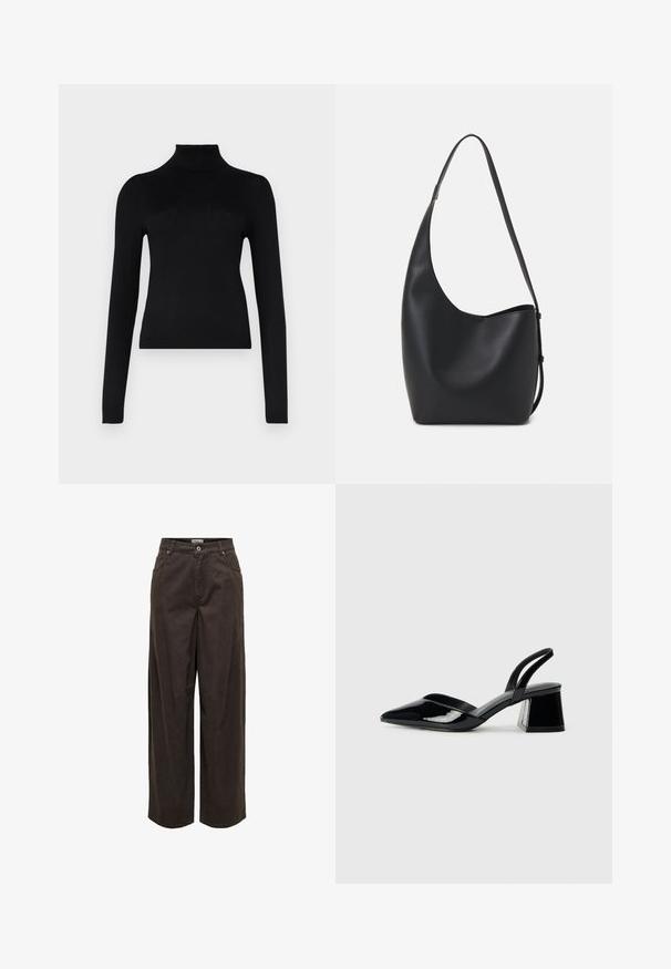 Black turtleneck sweater made of lightweight, stretchy fabric; features long sleeves, a fitted design, and ribbed collar.; Wide-leg pants in dark brown, made of cotton, featuring a classic waistband, zip fly, five pockets, and minimalist stitching details.; Black patent leather slingback heels with a pointed toe and a geometric block heel. Features a sleek, minimal design and smooth texture.; Black leather hobo bag with a smooth texture, curved shape, and single adjustable strap; features a wide opening at the top.