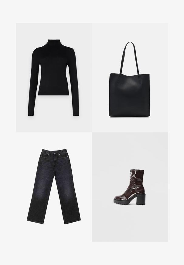 Maglione a collo alto nero realizzato in un tessuto leggero e elastico; presenta maniche lunghe, un design aderente e un colletto a costine.; Jeans in denim neri a vita alta con un taglio a gamba larga, design a cinque tasche e cuciture visibili. Il tessuto ha una finitura liscia e leggermente tessurizzata.; Stivale alla caviglia bordeaux lucido con un tacco spesso nero, caratterizzato da una superficie liscia e un design semplice. Nessuna chiusura visibile o motivo.; Borsa tote in pelle nera con texture liscia, forma rettangolare e due manici lunghi. Nessun hardware o decorazione visibile.